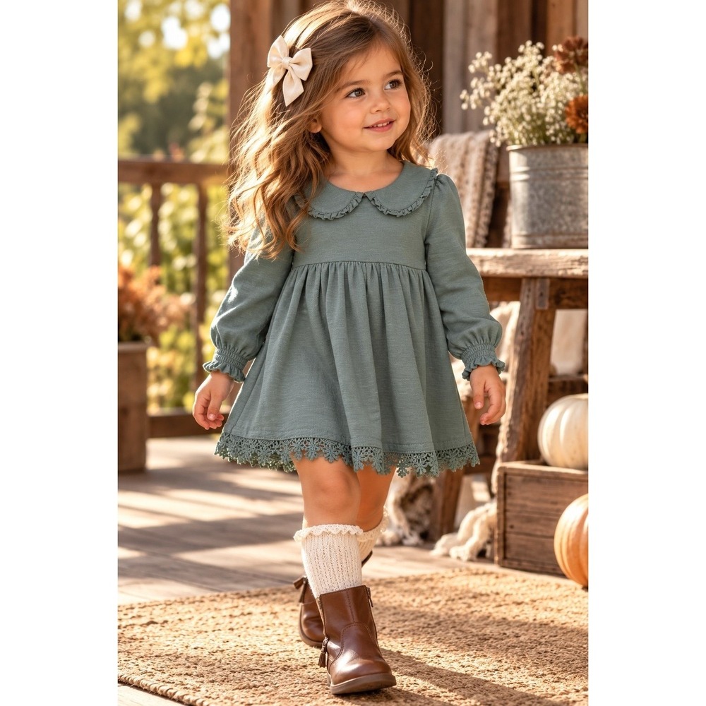 Cynthia Rowley Girls 2T Sage Green Peter Pan Collar Lace Hem Dress